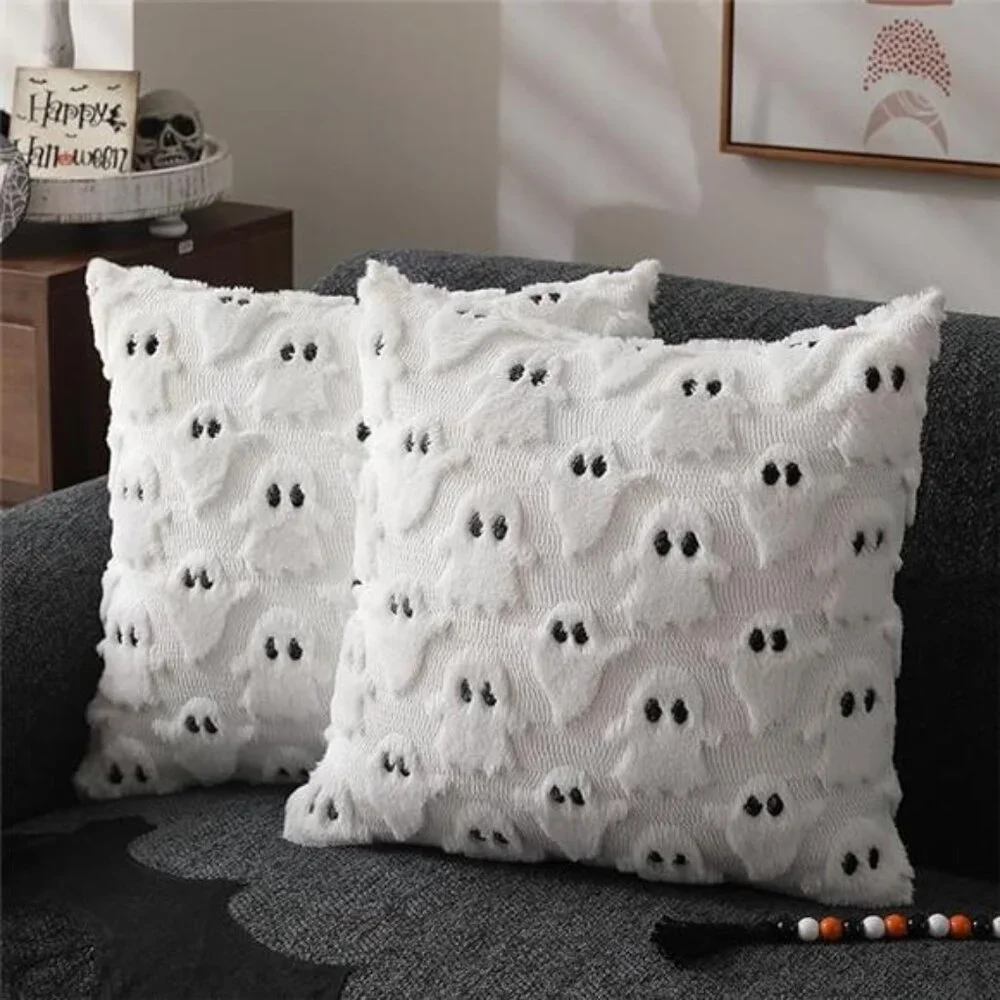 Set of 2 Halloween Ghost Pillow Covers - 18x18 Inch Soft Plush‎ Faux Fur Cushion